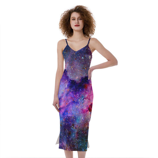 Colorful Nebula Galaxy Space Print Slim Fit Midi Cami Dress