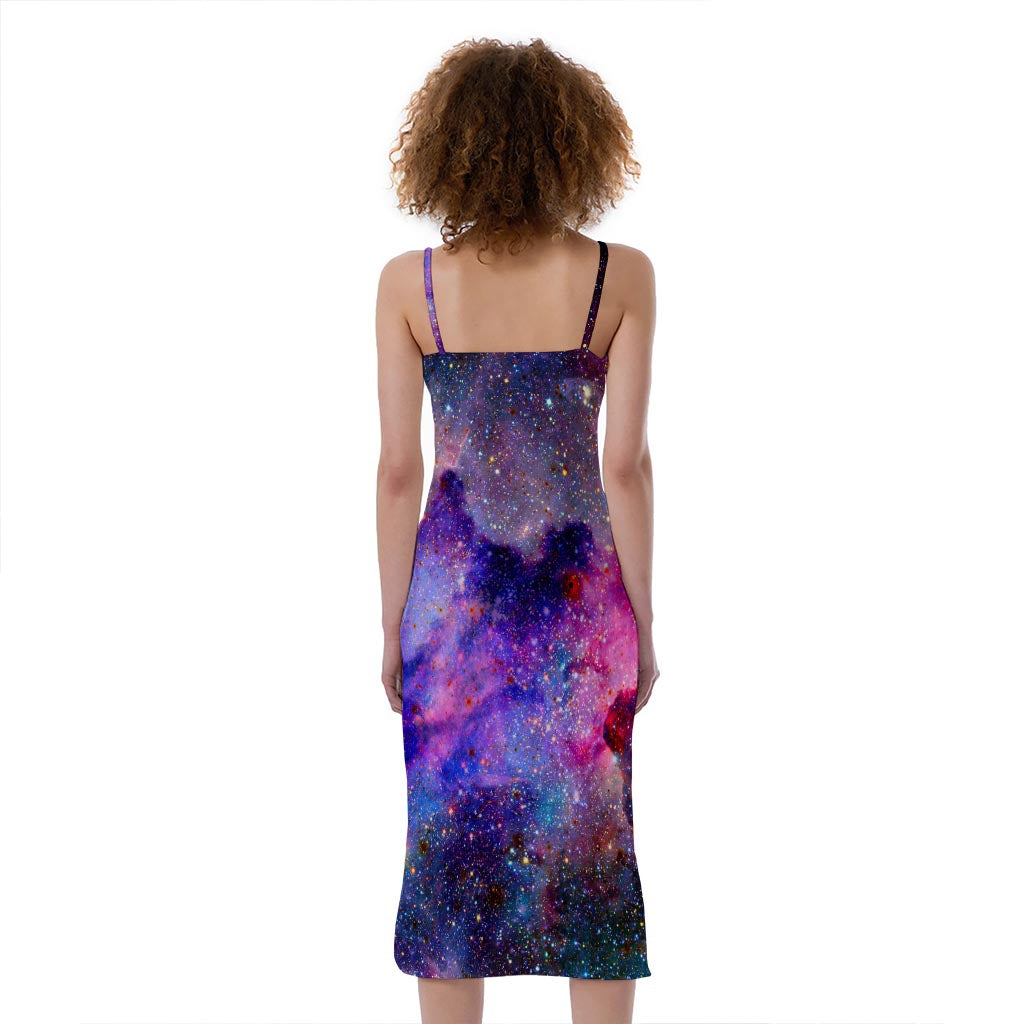 Colorful Nebula Galaxy Space Print Slim Fit Midi Cami Dress