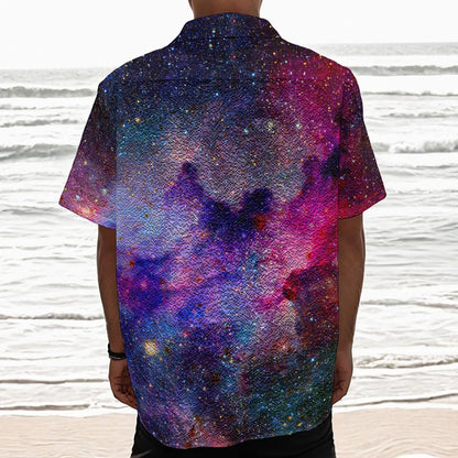 Colorful Nebula Galaxy Space Print Textured Short Sleeve Shirt