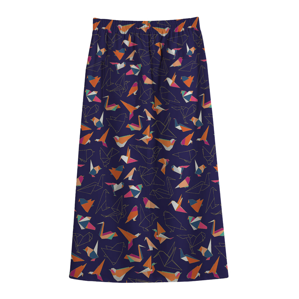 Colorful Origami Bird Pattern Print Cotton Front Slit Maxi Skirt