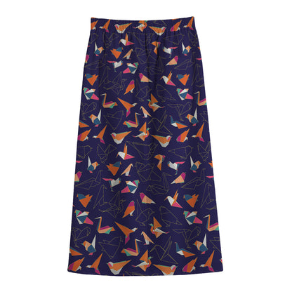 Colorful Origami Bird Pattern Print Cotton Front Slit Maxi Skirt