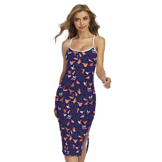 Colorful Origami Bird Pattern Print Cross Back Cami Dress