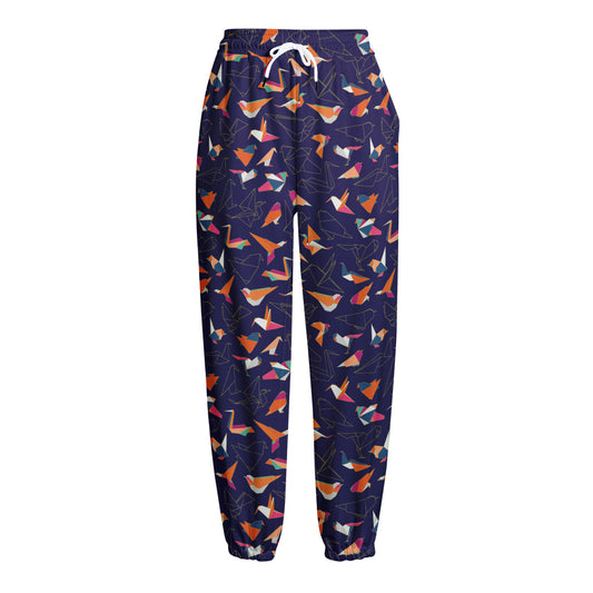 Colorful Origami Bird Pattern Print Fleece Lined Knit Pants