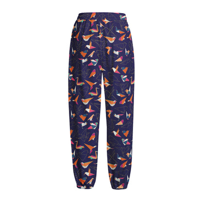 Colorful Origami Bird Pattern Print Fleece Lined Knit Pants