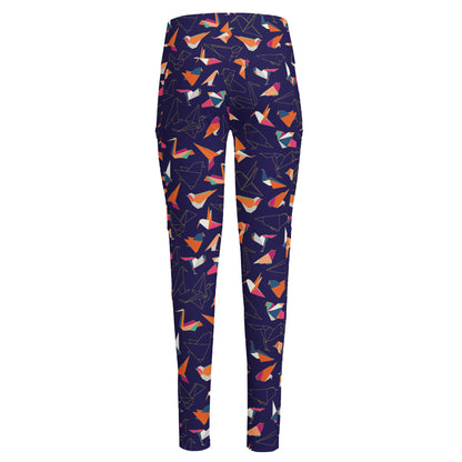 Colorful Origami Bird Pattern Print High-Waisted Pocket Leggings