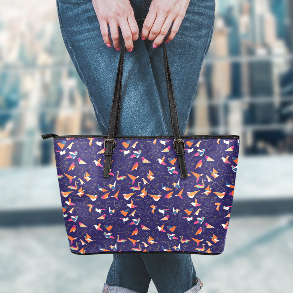 Colorful Origami Bird Pattern Print Leather Tote Bag