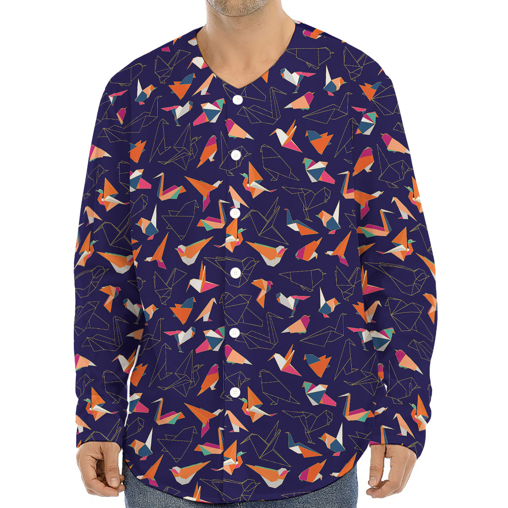 Colorful Origami Bird Pattern Print Long Sleeve Baseball Jersey