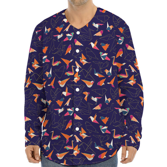 Colorful Origami Bird Pattern Print Long Sleeve Baseball Jersey