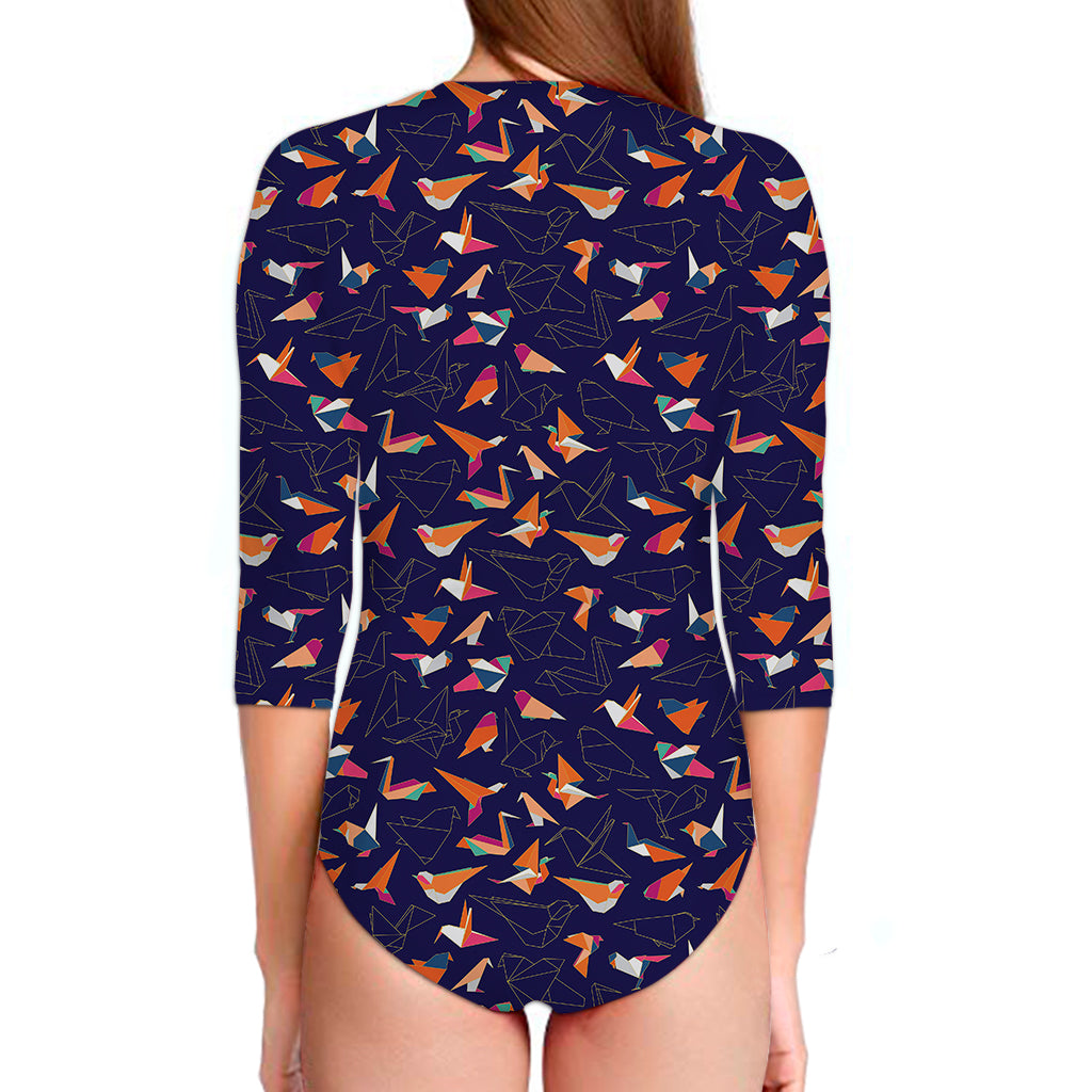 Colorful Origami Bird Pattern Print Long Sleeve Swimsuit