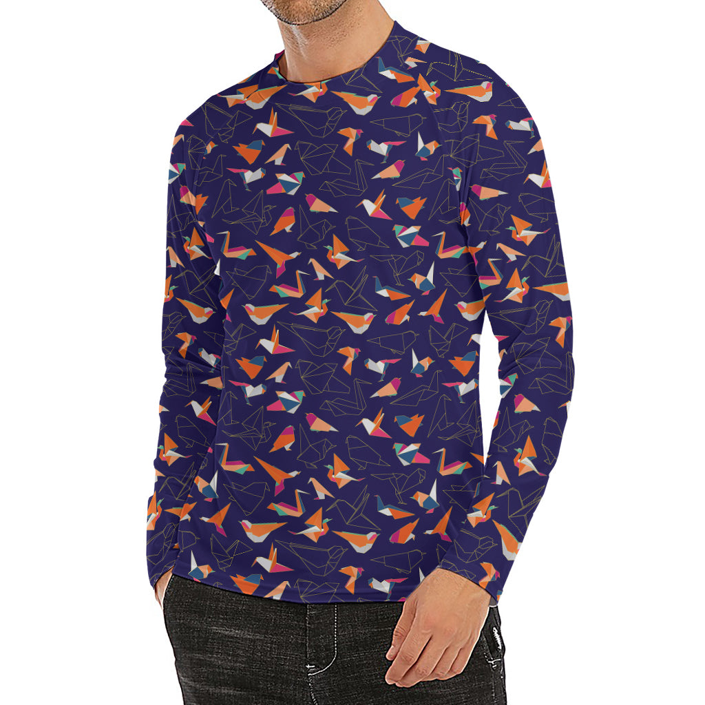 Colorful Origami Bird Pattern Print Men's Long Sleeve Rash Guard