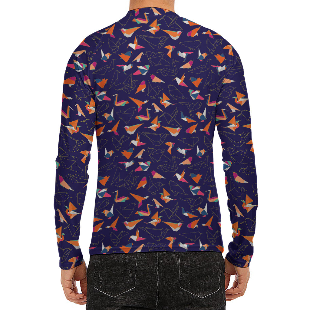 Colorful Origami Bird Pattern Print Men's Long Sleeve Rash Guard