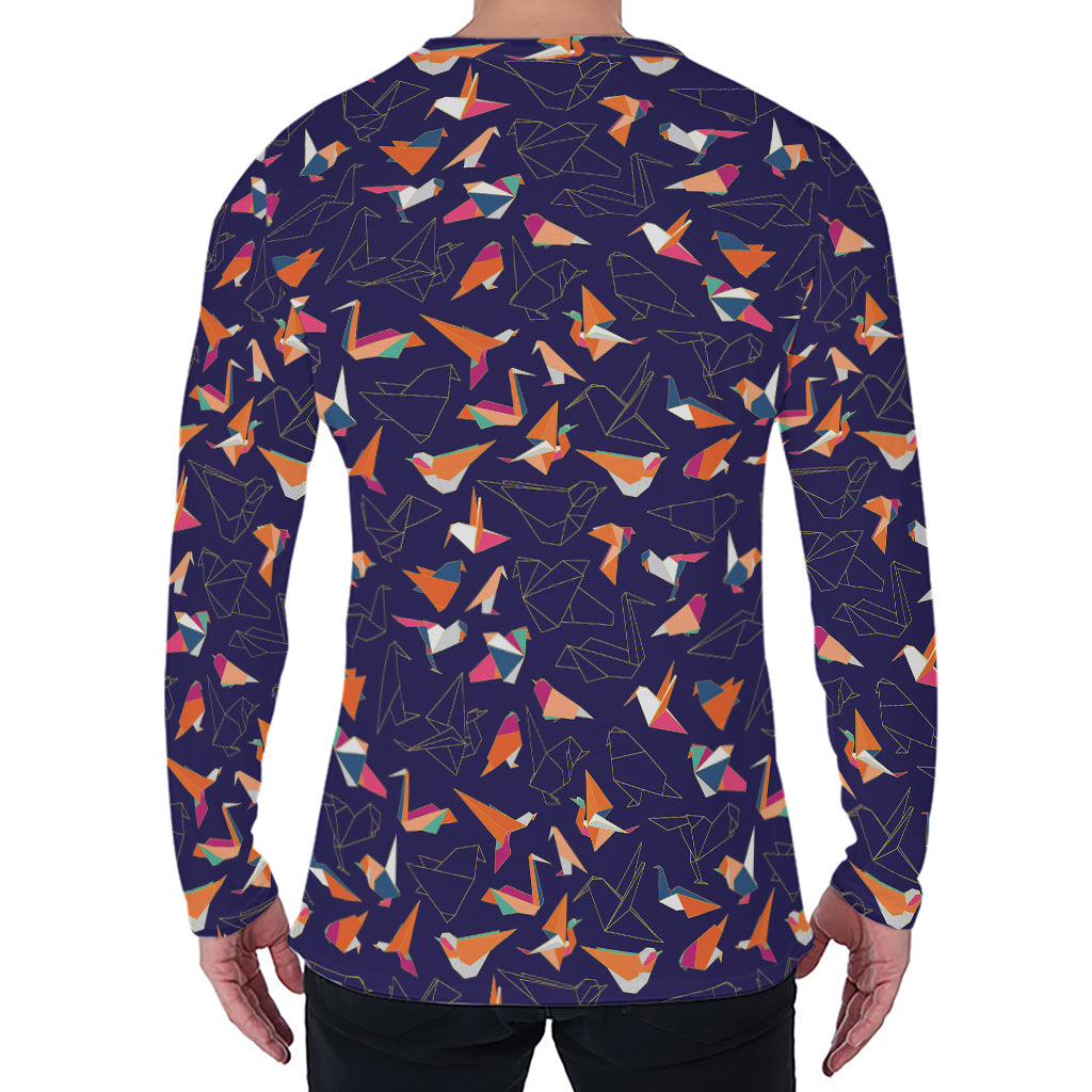 Colorful Origami Bird Pattern Print Men's Long Sleeve T-Shirt