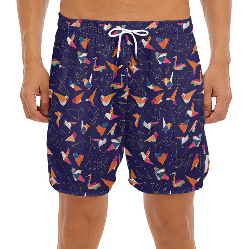 Colorful Origami Bird Pattern Print Men's Split Running Shorts