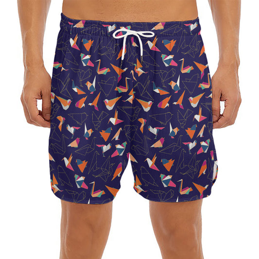 Colorful Origami Bird Pattern Print Men's Split Running Shorts