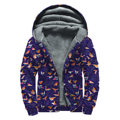 Colorful Origami Bird Pattern Print Sherpa Lined Zip Up Hoodie