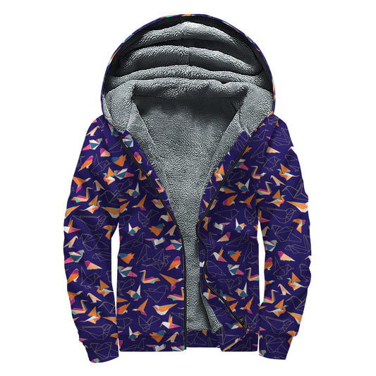 Colorful Origami Bird Pattern Print Sherpa Lined Zip Up Hoodie