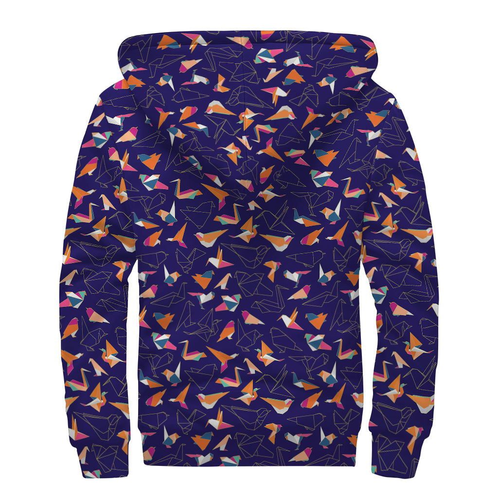 Colorful Origami Bird Pattern Print Sherpa Lined Zip Up Hoodie