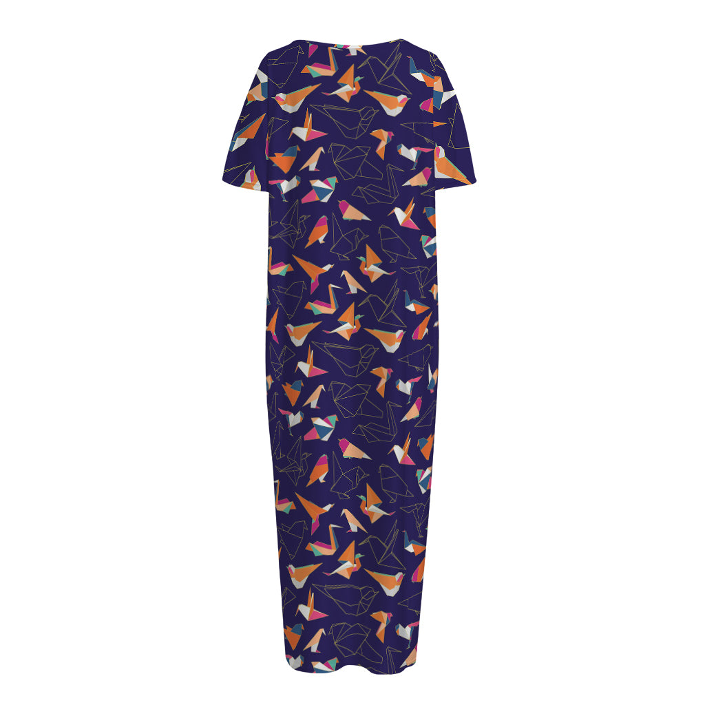Colorful Origami Bird Pattern Print Short Sleeve Long Nightdress