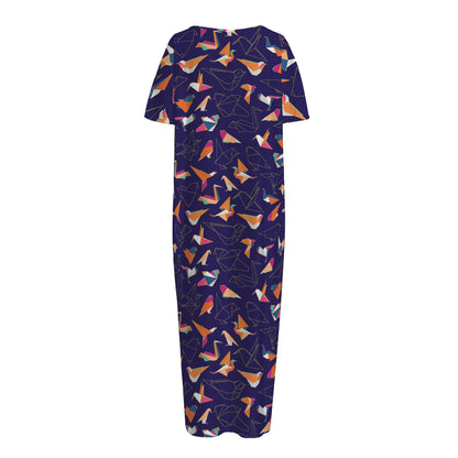 Colorful Origami Bird Pattern Print Short Sleeve Long Nightdress