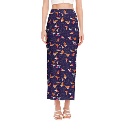 Colorful Origami Bird Pattern Print Side Slit Maxi Skirt