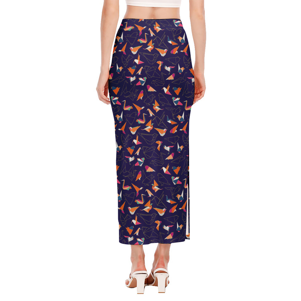 Colorful Origami Bird Pattern Print Side Slit Maxi Skirt