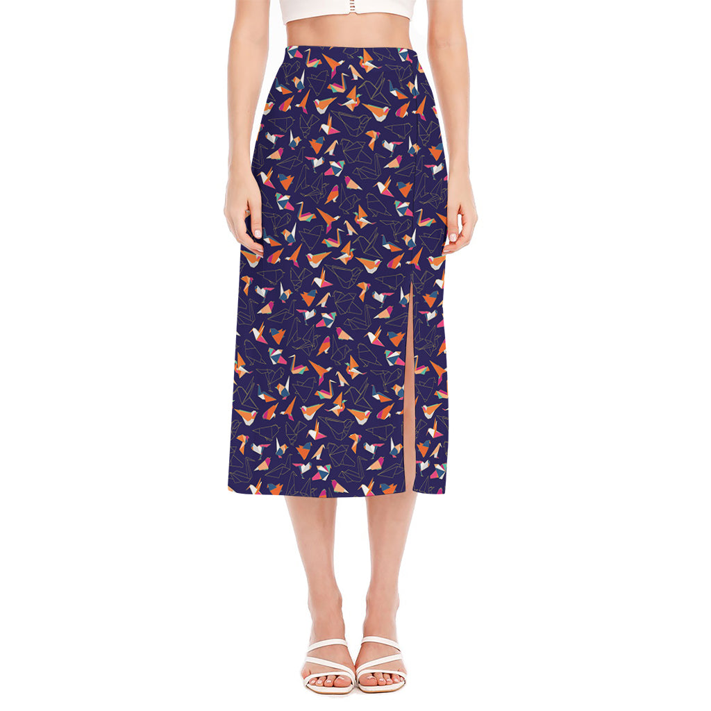 Colorful Origami Bird Pattern Print Side Slit Midi Skirt