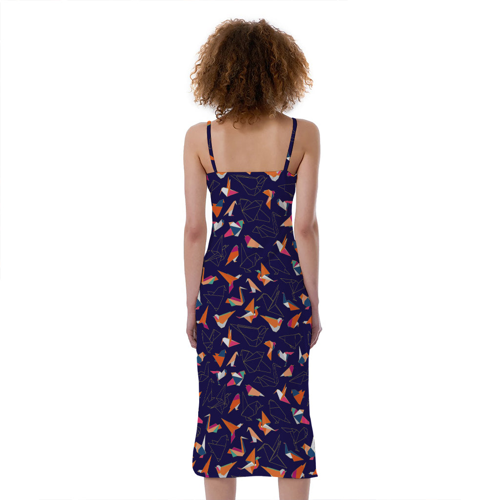 Colorful Origami Bird Pattern Print Slim Fit Midi Cami Dress