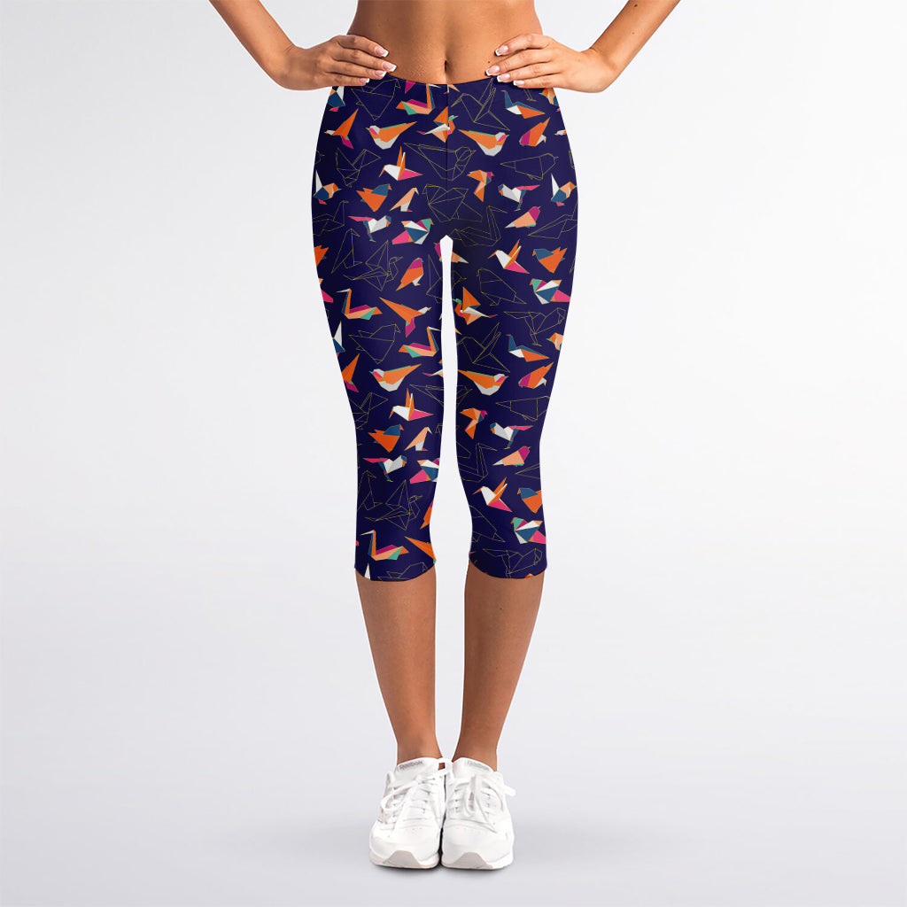Colorful Origami Bird Pattern Print Women's Capri Leggings