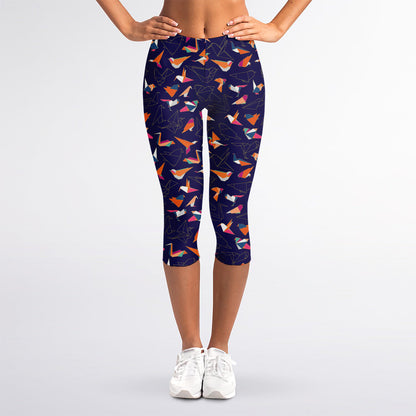 Colorful Origami Bird Pattern Print Women's Capri Leggings