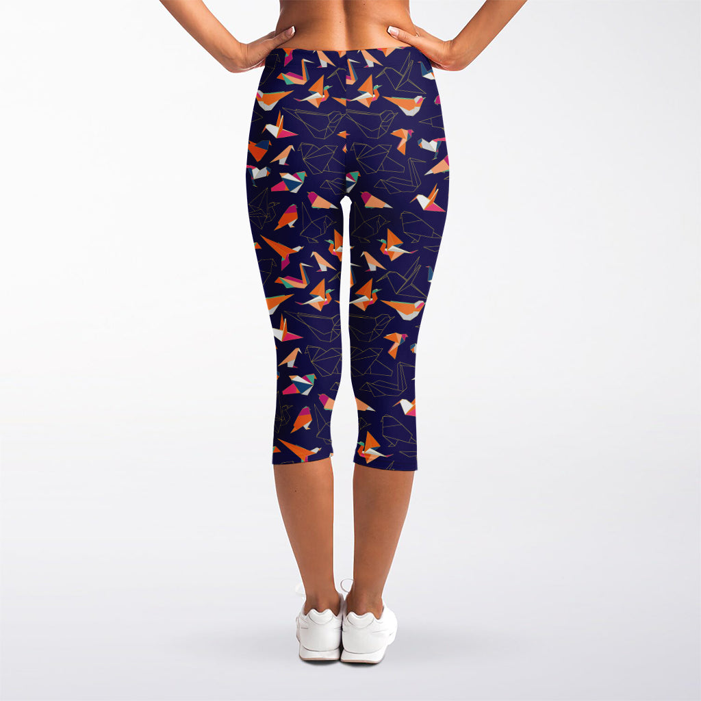 Colorful Origami Bird Pattern Print Women's Capri Leggings