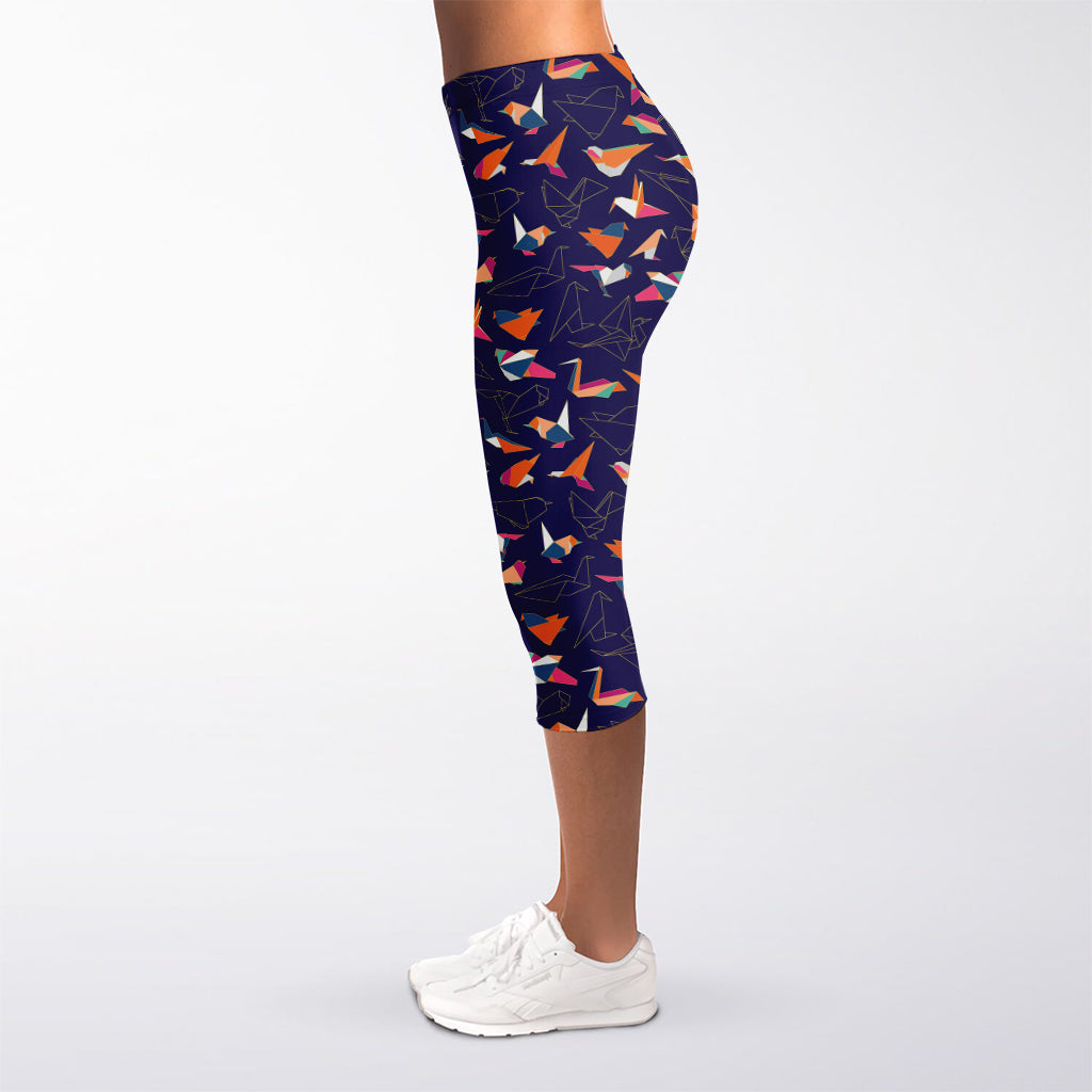 Colorful Origami Bird Pattern Print Women's Capri Leggings