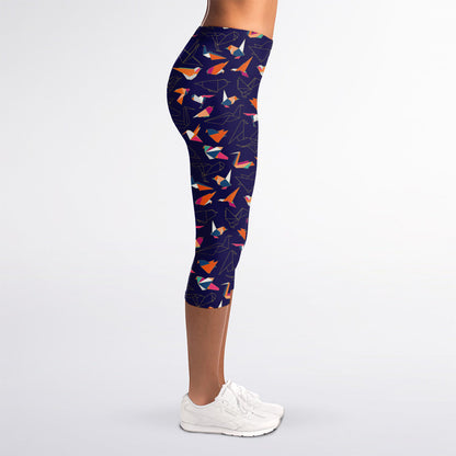 Colorful Origami Bird Pattern Print Women's Capri Leggings