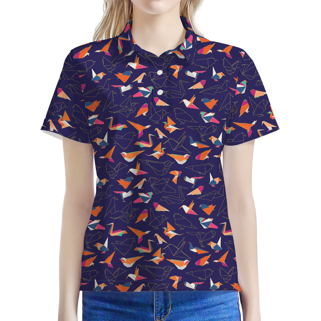 Colorful Origami Bird Pattern Print Women's Polo Shirt