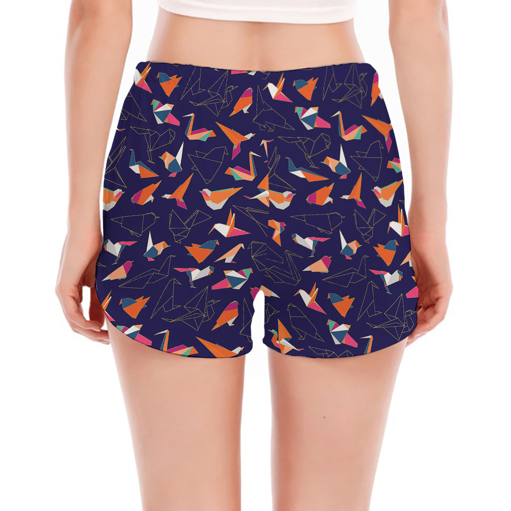 Colorful Origami Bird Pattern Print Women's Split Running Shorts