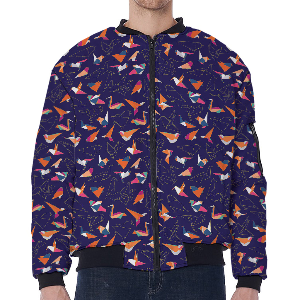 Colorful Origami Bird Pattern Print Zip Sleeve Bomber Jacket