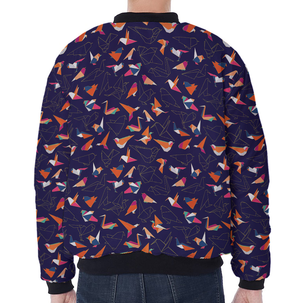 Colorful Origami Bird Pattern Print Zip Sleeve Bomber Jacket