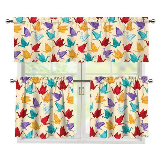 Colorful Origami Crane Pattern Print 3 Piece Kitchen Curtains