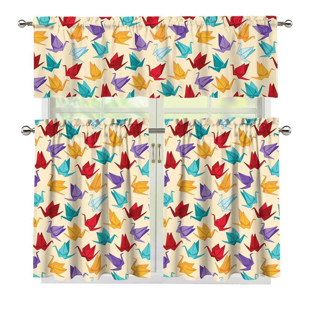 Colorful Origami Crane Pattern Print 3 Piece Kitchen Curtains