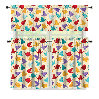 Colorful Origami Crane Pattern Print 3 Piece Kitchen Curtains