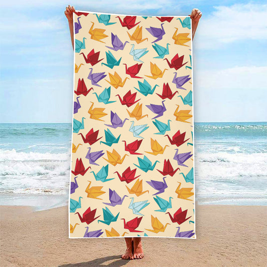 Colorful Origami Crane Pattern Print Beach Towel