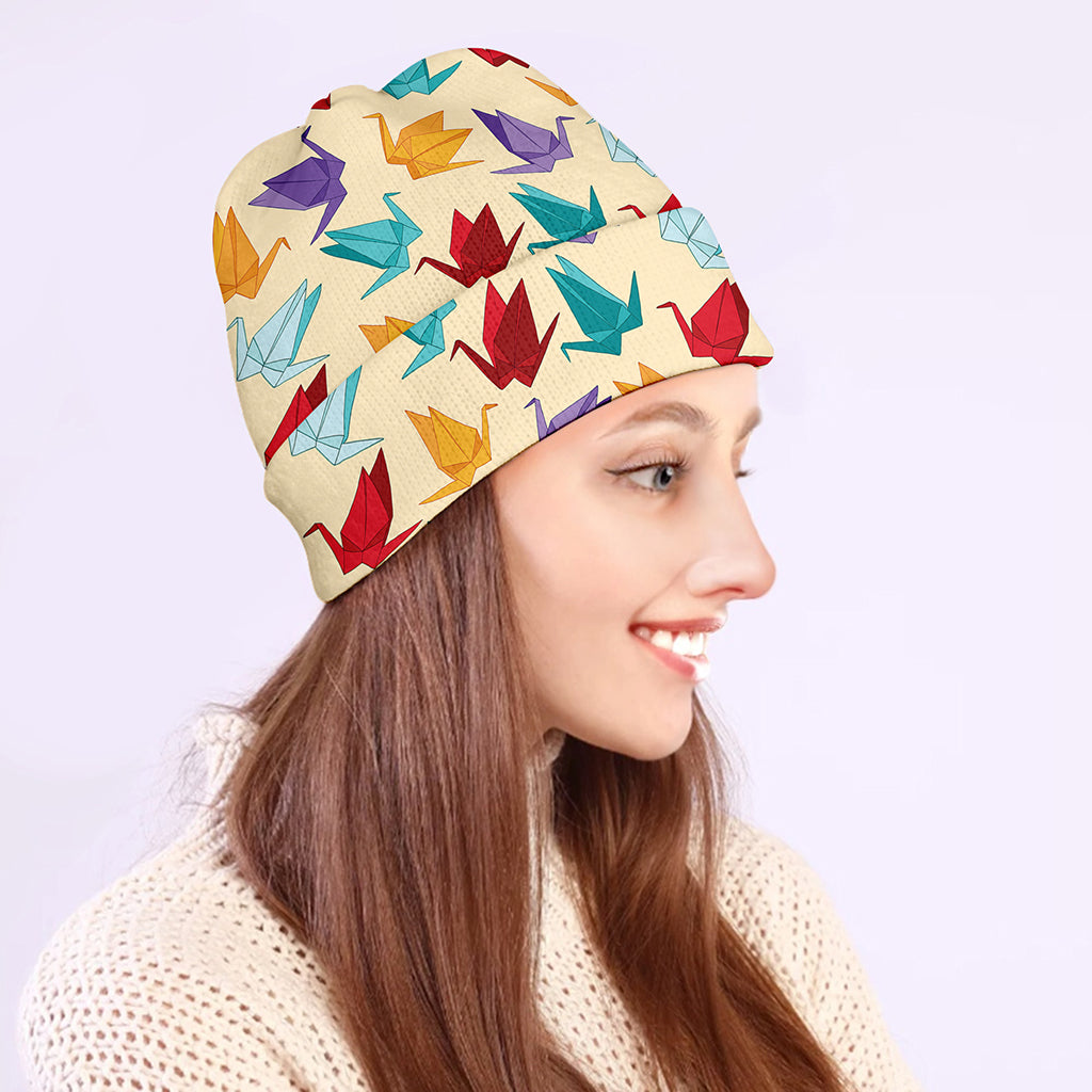 Colorful Origami Crane Pattern Print Beanie