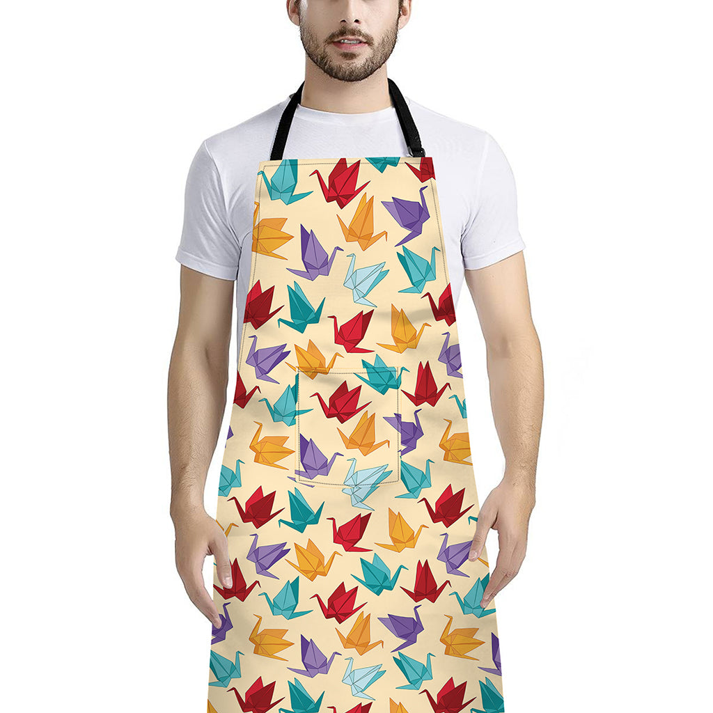 Colorful Origami Crane Pattern Print Bib Apron With Pocket