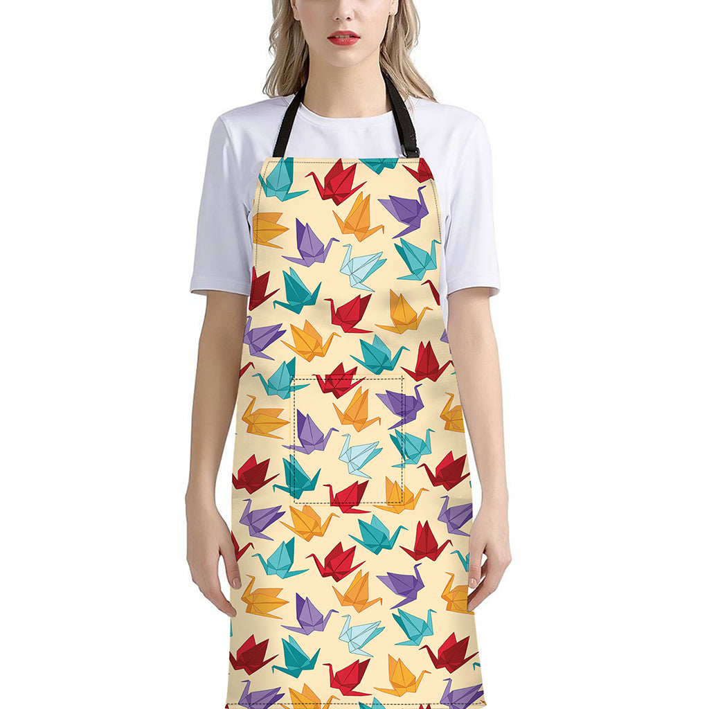 Colorful Origami Crane Pattern Print Bib Apron With Pocket