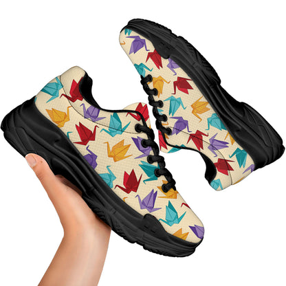Colorful Origami Crane Pattern Print Black Chunky Shoes