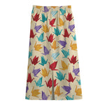 Colorful Origami Crane Pattern Print Cotton Front Slit Maxi Skirt