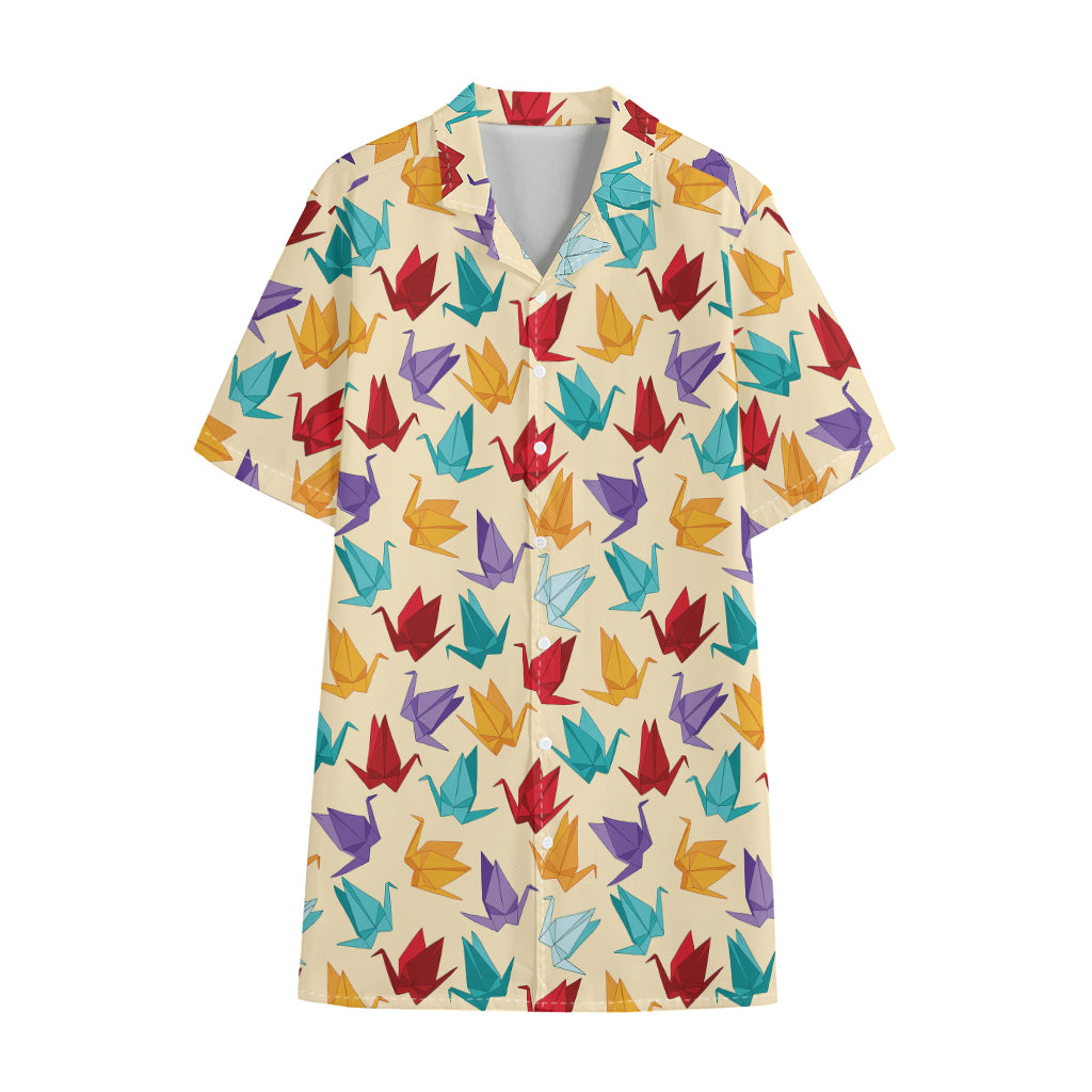 Colorful Origami Crane Pattern Print Cotton Hawaiian Shirt