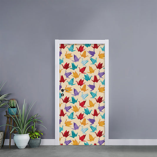 Colorful Origami Crane Pattern Print Door Sticker