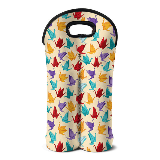 Colorful Origami Crane Pattern Print Double Neoprene Wine Tote