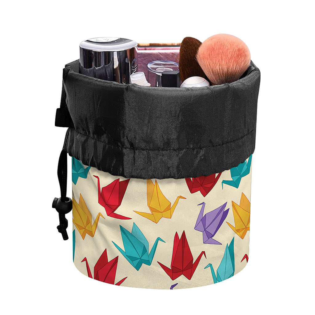 Colorful Origami Crane Pattern Print Drawstring Makeup Bag