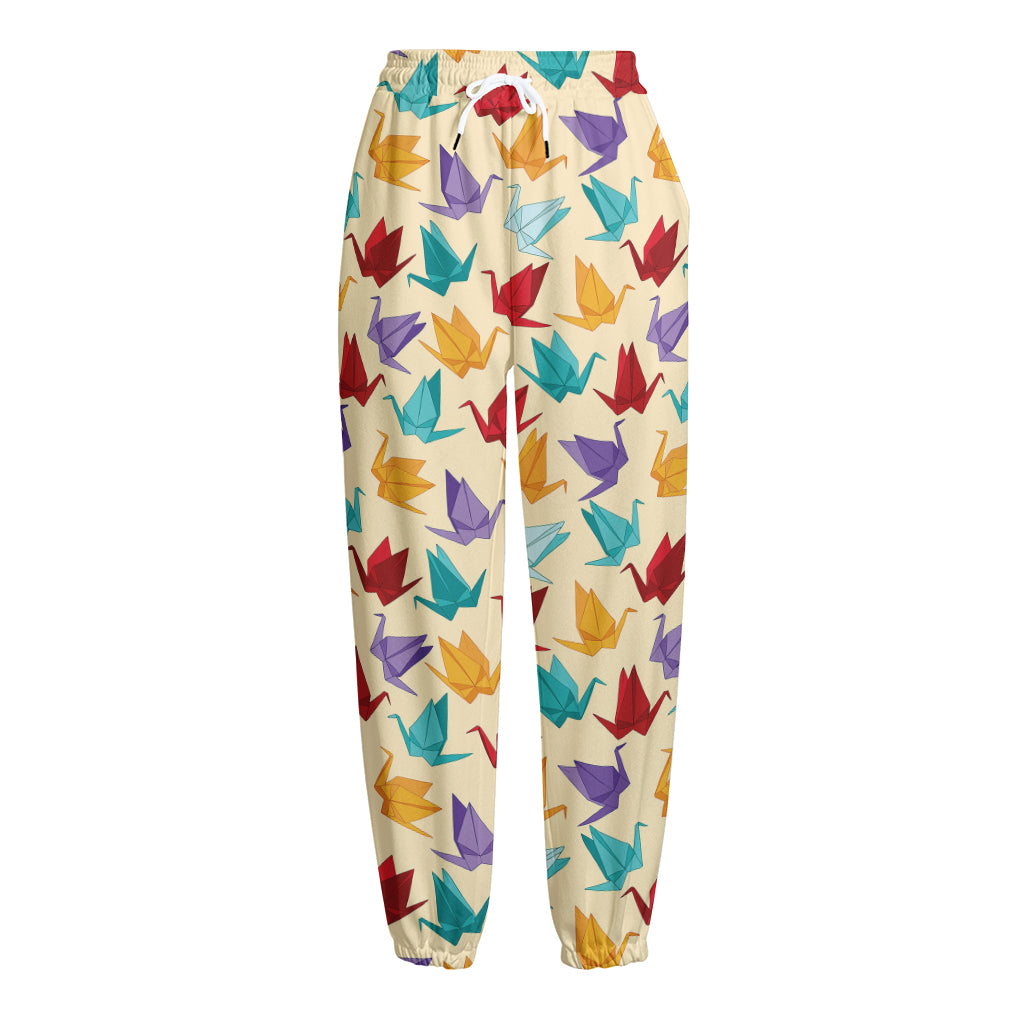Colorful Origami Crane Pattern Print Fleece Lined Knit Pants